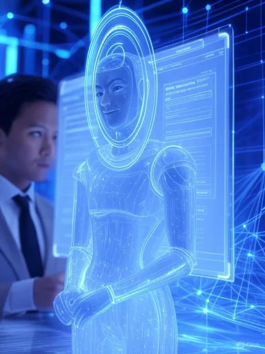 Futuristic female android with a holographic face and transparent body, interacting with digital technology.