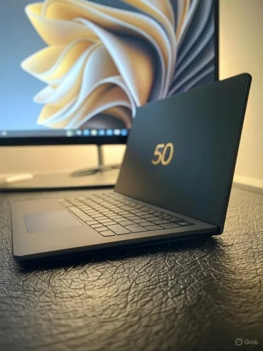 A small laptop with the number '50' on its cover, placed in front of a larger monitor displaying a colorful abstract background.