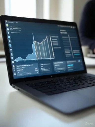 A laptop displaying financial or data analytics charts and graphs on its screen.