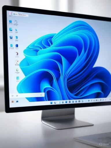 A sleek desktop monitor displays the Windows 11 desktop with a vibrant blue abstract background.