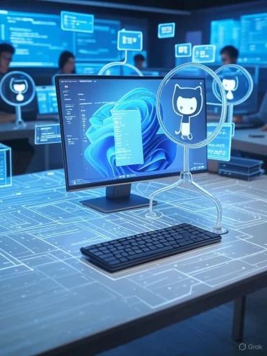 A high-tech workspace with digital interfaces and holograms of the GitHub mascot, surrounded by programmers at work.