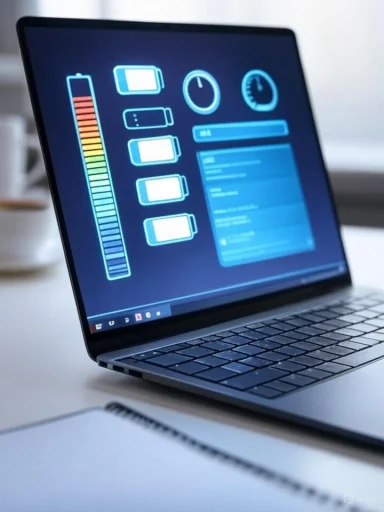 A laptop screen displays system monitoring graphs and battery status indicators.