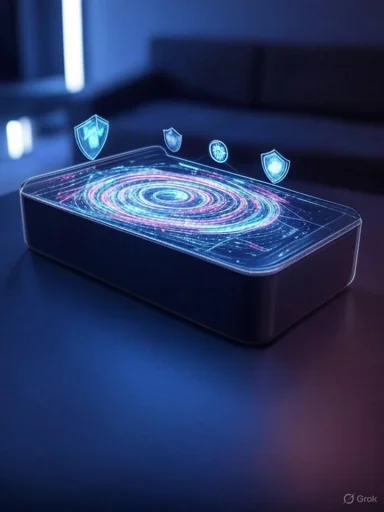 A futuristic holographic interface with security shields and swirling data visuals projected above a sleek device.