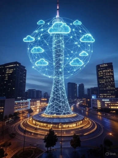 A cityscape with a futuristic, illuminated communication tower featuring cloud icons and digital connections at night.