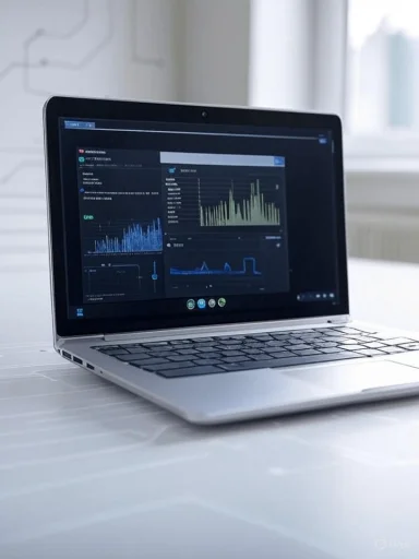 A laptop displaying various data visualizations on a clean, white surface in a bright room.