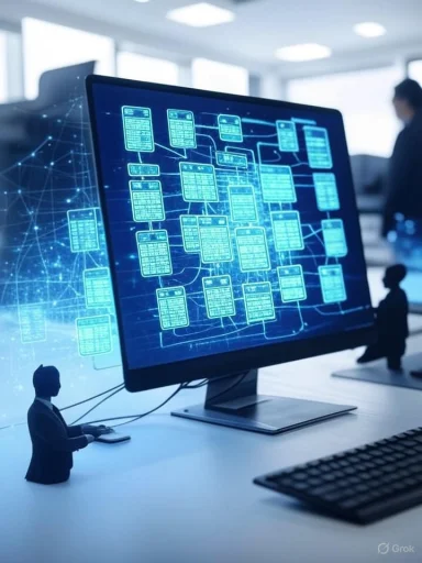 Miniature figures of business people are connected to a digital data flow on a large computer screen.