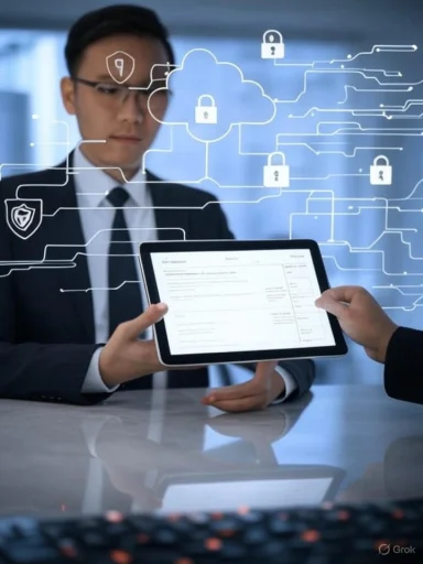A businessman reviews a digital document while cybersecurity icons float in the background, symbolizing secure data sharing.