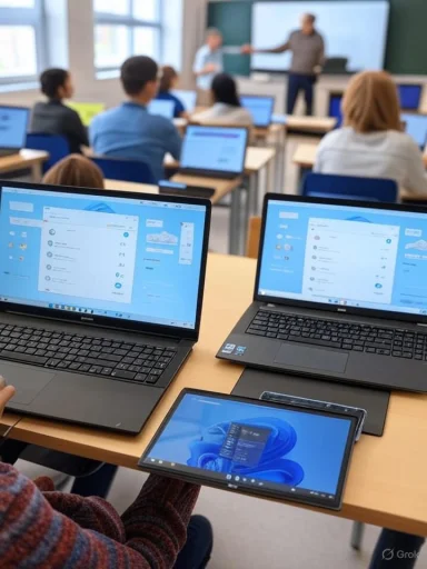 Students use laptops and tablets during a classroom lecture with a teacher at the board.