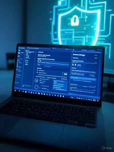 A laptop displaying a cybersecurity dashboard in front of a neon shield with a lock symbol, symbolizing digital security.