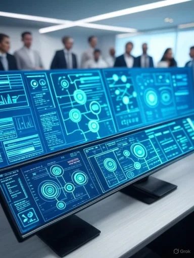 A futuristic control room with large digital screens displaying complex data and graphs, with a group of professionals observing.