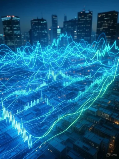 City skyline at night overlaid with glowing financial data and stock market graphs.