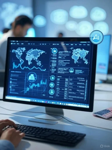 A person analyzes global data and charts on a computer monitor in a high-tech office environment.