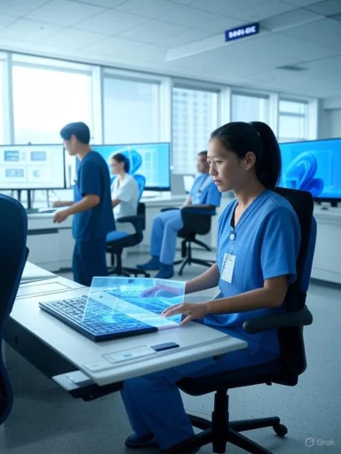 A healthcare team monitors advanced medical data on holographic screens in a modern, high-tech hospital control room.