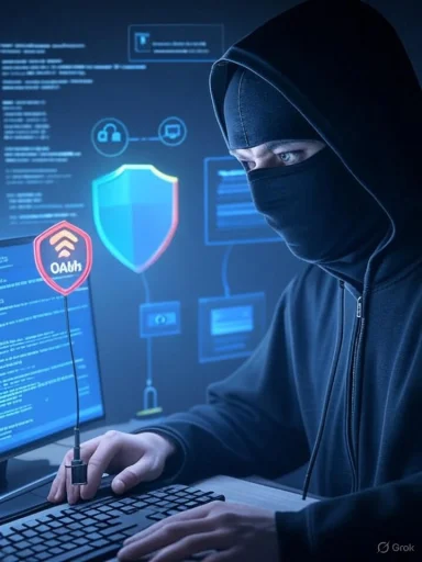 A hacker in a mask works on a computer with digital security graphics and icons in the background.