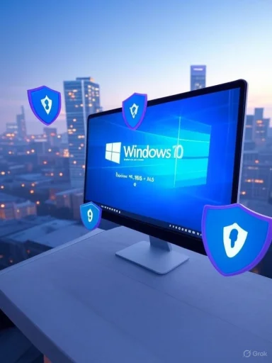 The image shows a Windows 10 computer screen with security shields symbolizing protection against cyber threats.