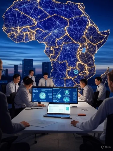 A control room with professionals analyzing a digital map of Africa connected by network lines, over a city skyline backdrop.