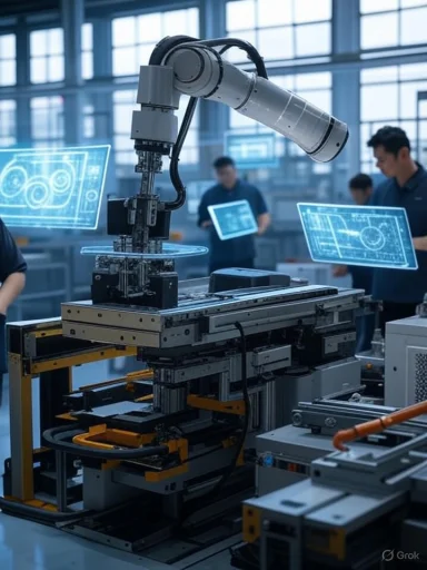 A robotic arm assembles electronics in a high-tech laboratory with engineers analyzing digital schematics.