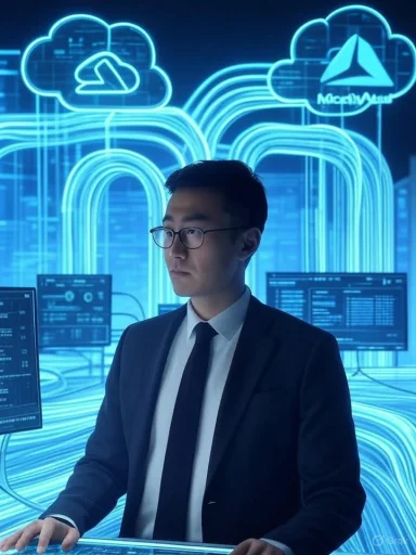 A man in a suit using a computer in a high-tech data center with neon cloud and network graphics.