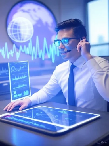 A man in a white shirt and blue tie uses a headset, working with holographic charts and a digital tablet in a futuristic control room.