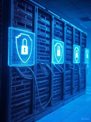 Data servers with illuminated lock security icons in a dark data center environment.