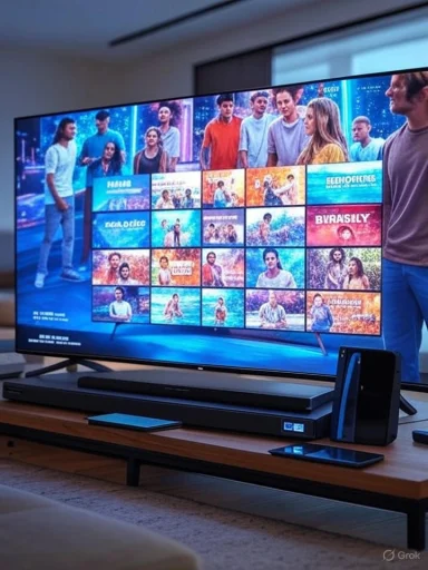 A large smart TV displays a colorful grid of images and stories, with a group of people standing nearby in a modern living room.