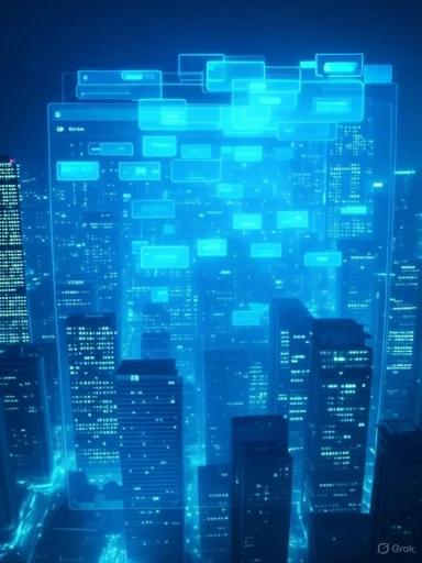 Futuristic cityscape illuminated by holographic digital interface and glowing skyscrapers.