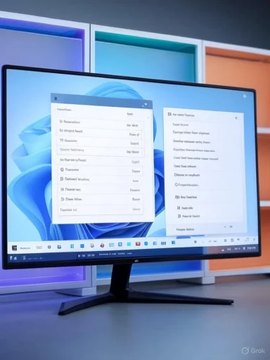 A computer monitor displays a document with multiple text boxes against a colorful background.