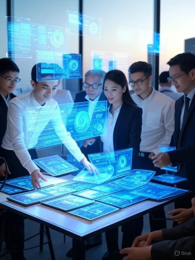 A team of professionals interacts with advanced holographic digital displays in a futuristic conference room.