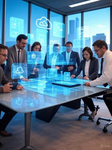 Businesspeople interacting with holographic digital data in a modern conference room.