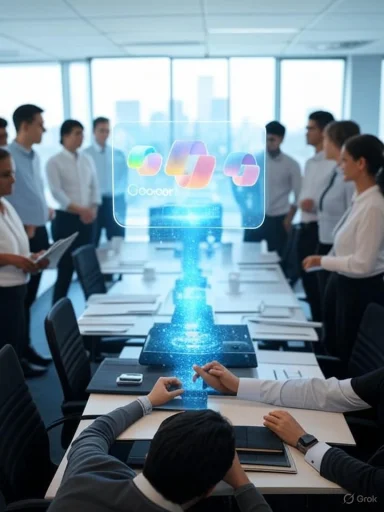 A holographic digital display projects colorful geometric shapes and text over a conference table in a modern office.