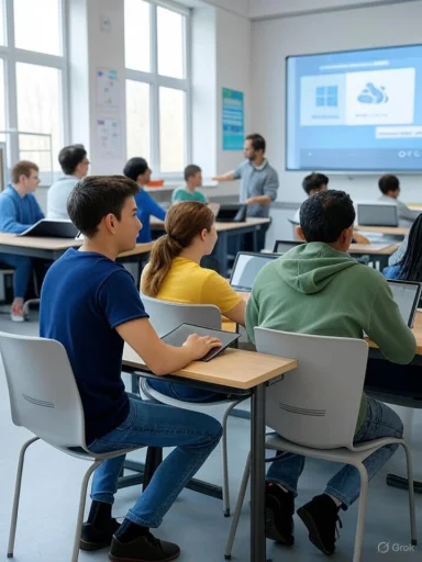 Students in a classroom attentively listening to a teacher giving a presentation with a large screen display.