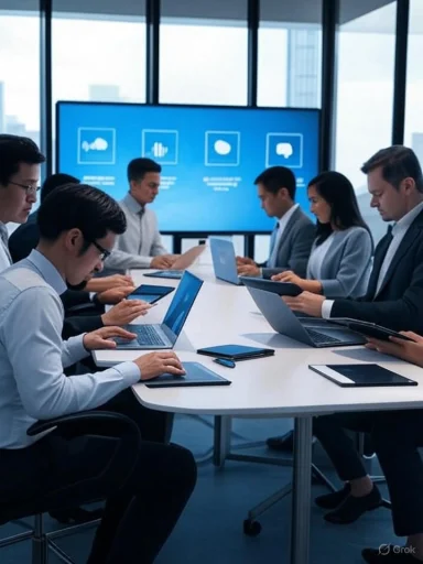 Business professionals engaged in a meeting at a modern conference room with laptops and a presentation screen.
