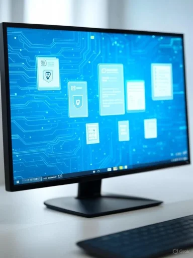 A computer monitor displays a digital interface with blue electronic circuitry and app icons.