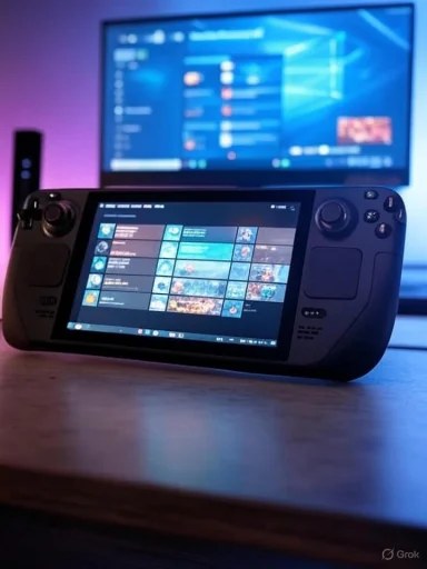 A handheld gaming device displaying a game library, with a blurred monitor screen in the background.