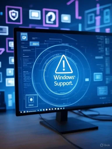 Computer screen displays a Windows Support alert with a warning symbol in a high-tech, digital environment.
