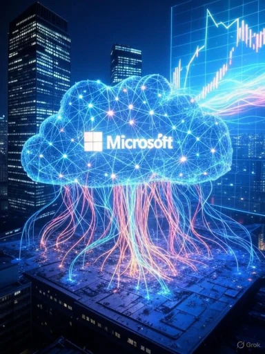 A digital cloud with the Microsoft logo, emitting colorful data streams over a cityscape at night.