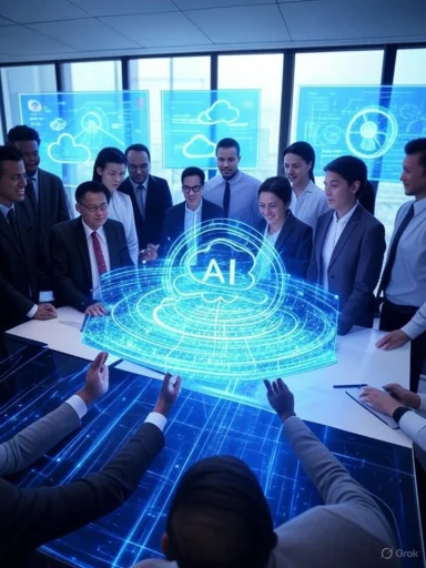 A diverse group of professionals gathers around a holographic display labeled 'AI' in a modern conference room.