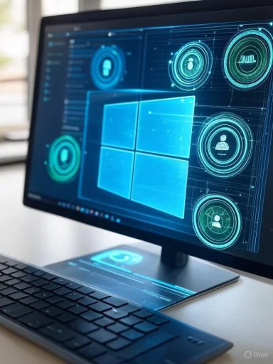 A computer screen displays futuristic digital interface icons and graphics related to security and user authentication.