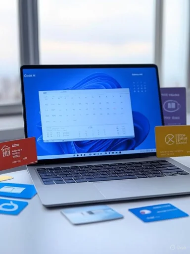 A laptop displaying a spreadsheet, surrounded by various informational cards on a tabletop near a window.