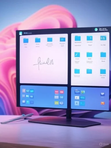 A multi-screen computer desktop displays a variety of folders, icons, and a signature, with a pen on a desk and a vibrant background.