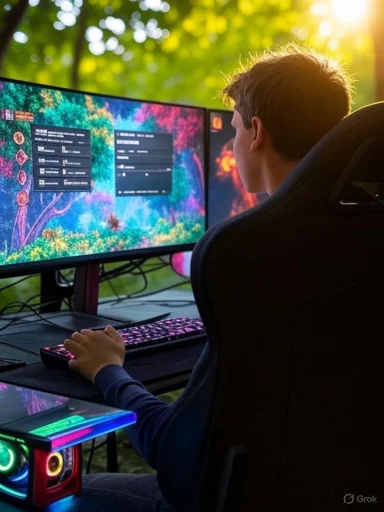 A person seated at a gaming setup outdoors, focused on a colorful, dual-monitor gaming screen with RGB lighting.