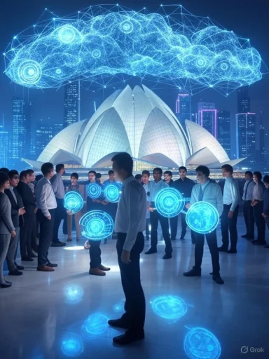 People gather in front of the Sydney Opera House with digital holograms and a glowing cloud illustration above.