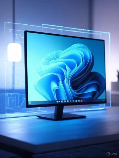 A futuristic computer monitor displaying a digital blue abstract design with holographic interface elements.