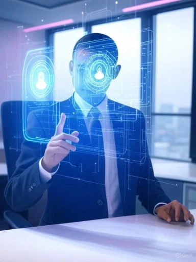 A businessman interacts with a futuristic digital interface, focusing on a biometric scan projection.