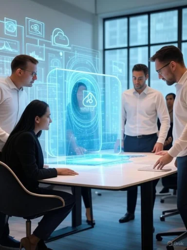A team of professionals interacts with a holographic digital interface in a modern office setting.