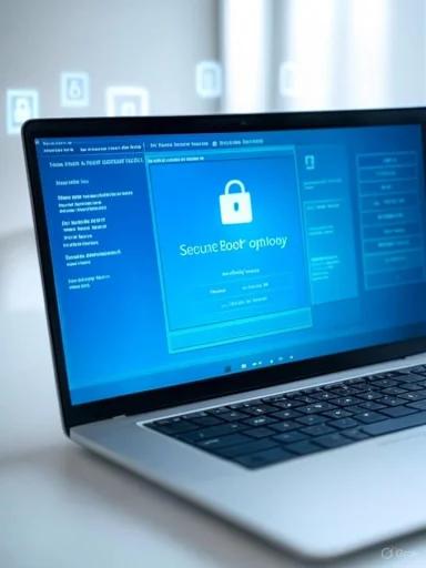 A laptop displaying a secure login screen with a padlock icon and 'Secure' text on the monitor.