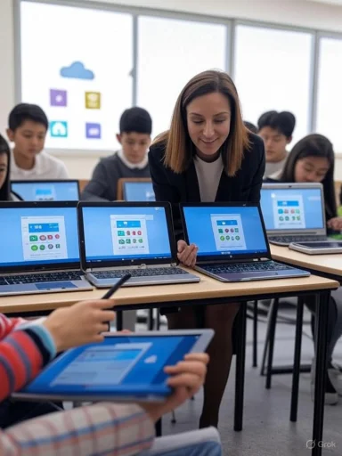 Teacher assists students with laptops during a classroom lesson.