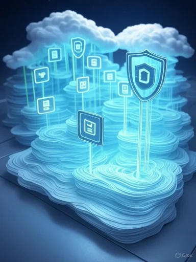 Digital security icons emerge from a layered, cloud-like landscape, symbolizing cloud-based cybersecurity.