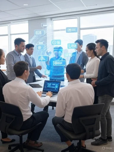 A diverse group of professionals in a modern office engage with a holographic digital assistant interface during a meeting.