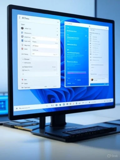 A computer monitor displays a dual-window setup with email and file management applications on a clean desk.